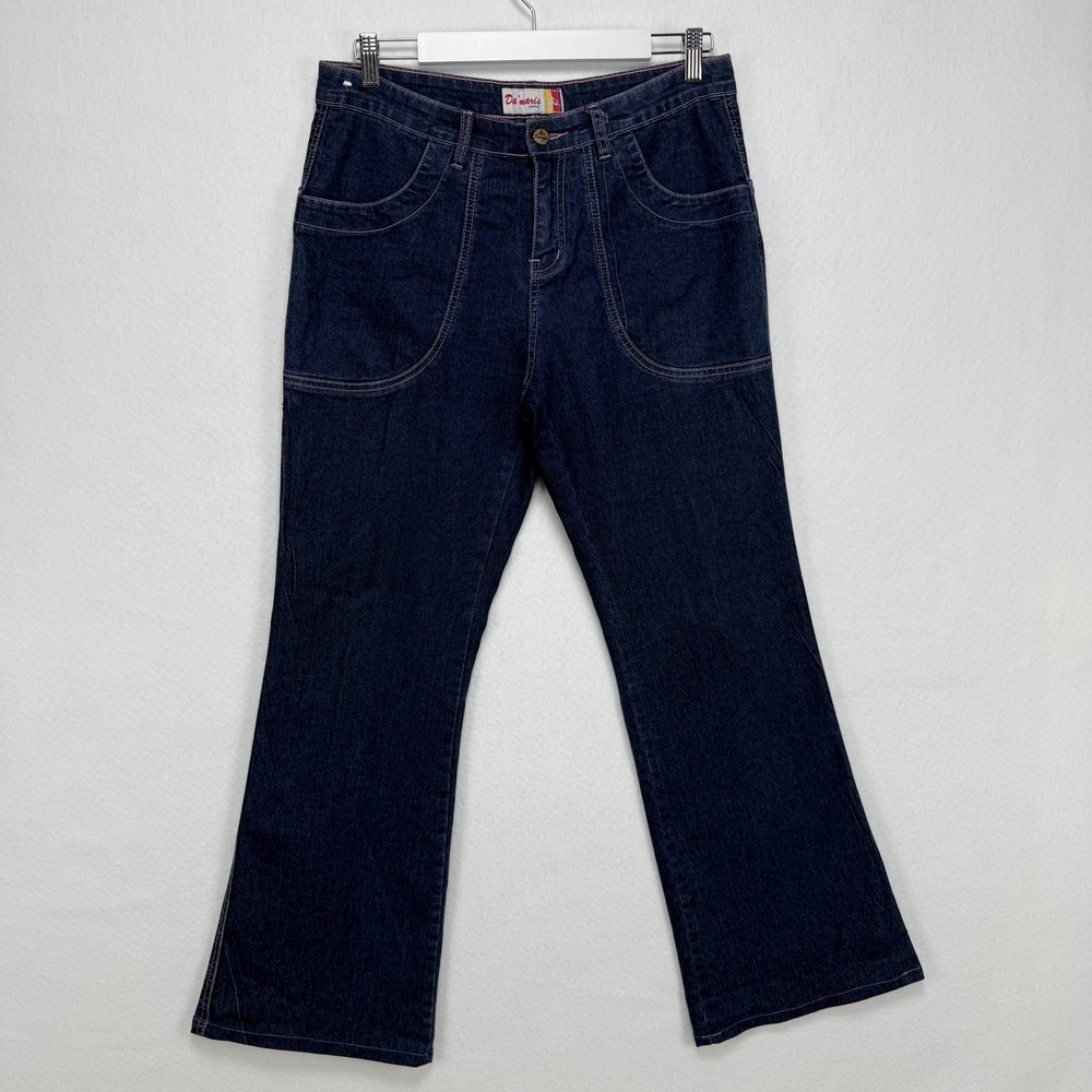 VTG Flare Leg Jeans 11/12 Dark Wash Pink Contrast Stitch Retro Oversize Pockets